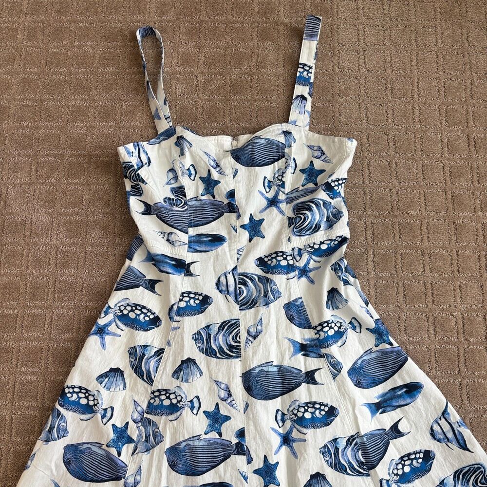 Avec Les Filles Fish Shells Print Corset Dress Womens 8 Blue White Resort Travel - Picture 3 of 11
